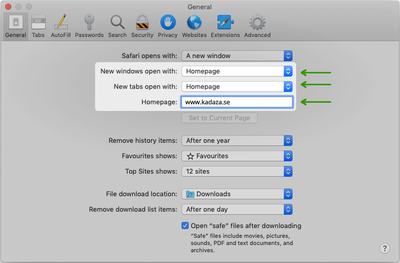 Set Kadaza as homepage and start page in Safari
