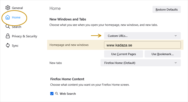 Firefox Settings Homepage